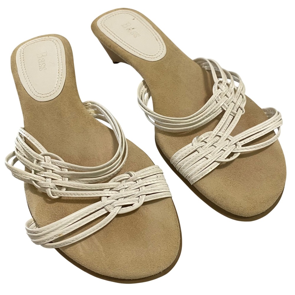 Vtg White GH Bass Kitten Heel Slide Sandals Size 9 Leather Brazil Summer Travel